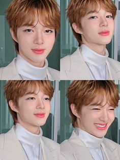 four images of the same person with different facial expressions and hair color, all in white clothing