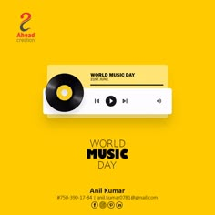 an advertisement for world music day with a record player on the front and yellow background