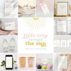 the first trip around the sun birthday collection is displayed on a white and gold background