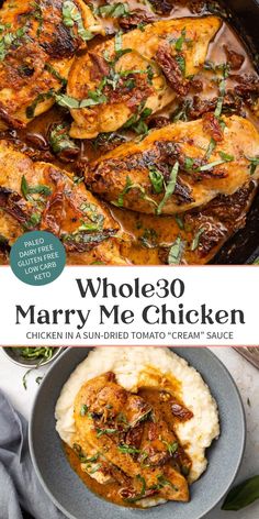 whole 30 mary me chicken in a skillet with mashed potatoes and garnishes