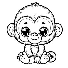 a baby monkey with big eyes sitting on the ground coloring pages for kids, printable