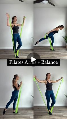 the pilates arms and balance exercise is shown in four different positions, including one with