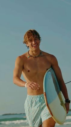 a shirtless man holding a surfboard on the beach