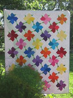 a colorful quilt hanging from the side of a tree in front of some grass and trees