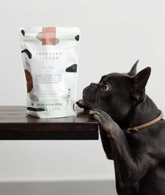 a small black dog standing on its hind legs and pawing at a bag of food