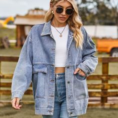 2023 Autumn New Women's Long Sleeve Denim Jacket Fashion Loose Versatile Mid-Length Jeans Coat Jeans Coat, Denim Jacket Fashion, Long Sleeve Denim Jacket, Jacket Fashion, 2023 Autumn, Collar Pattern, Solid Clothes, Casual Clothing, Casual Coat