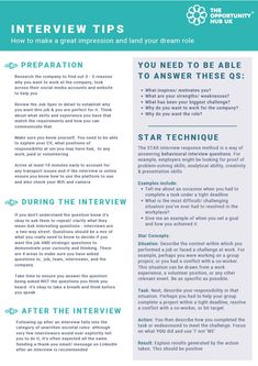 a blue and white brochure with the words interview tips written in green on it