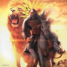 a man riding on the back of a white horse next to a lion