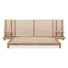 a bed frame with wooden slats on top and bottom, in front of a white background