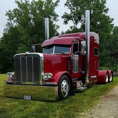 a large red semi truck parked on top of a lush green field next to a forest