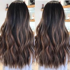 Coffee Brown Balayage On Black Hair, Coffee Balayage On Black Hair, Chocolate Balyage Long Hair, Black Hair Mocha Balayage, Black Hair Colors, Balayage Hair Dark Black, Balayage Brownie Batter, Medium Brunette, Graduation Hair