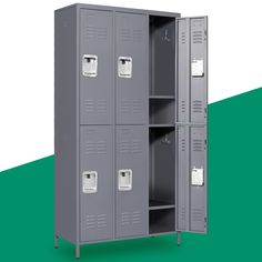 a large metal locker with two doors on the front and one door open to reveal another compartment