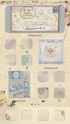 the back side of a paper with many different stamps and numbers on it, including an image of a cat