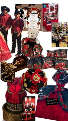 a collage of red and black themed items including a teddy bear, dress up clothes, hat, tie, bowtie