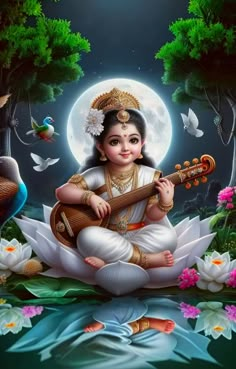 a painting of a woman sitting on top of a lotus with a guitar in her hand