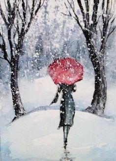 a painting of a woman walking in the snow with an umbrella over her head and trees behind her