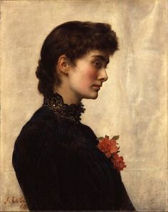 a painting of a woman in a black dress with red flowers on her neck and shoulders