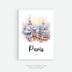 the eiffel tower in paris, france is featured on this watercolor painting