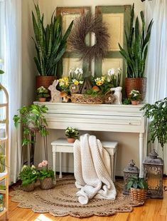 a living room filled with lots of potted plants next to a piano and mirror