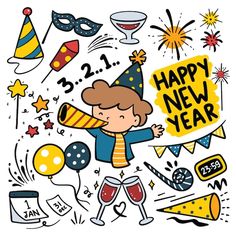 a happy new year greeting card with cartoon characters and confetti, balloons, glasses,