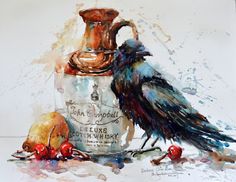 a painting of two birds sitting on top of a jar