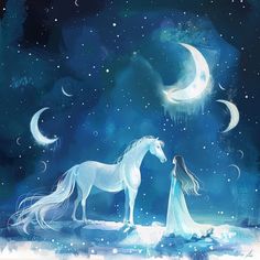 a woman standing next to a white horse in the snow at night with moon and stars