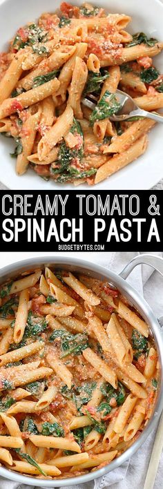 creamy tomato and spinach pasta in a white bowl