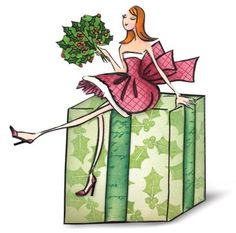 a woman sitting on top of a green present box holding a holly berry ornament