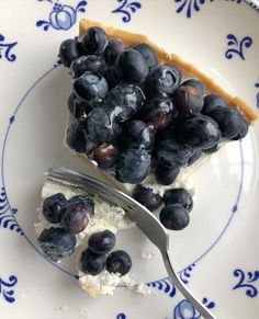 a piece of pie on a plate with blueberries