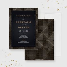 an elegant black and gold cocktail party card with the text cocktails dinner on it