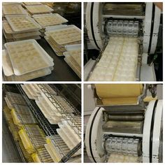 four pictures show the process of making waffles in an industrial machine and then assembly them