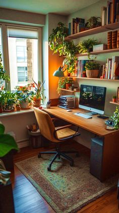 a home office with plants and books on the shelves