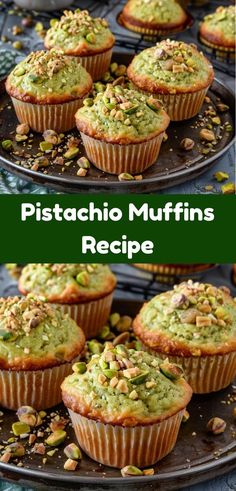 pistachio muffins with nuts on top and in the middle, sitting on a plate