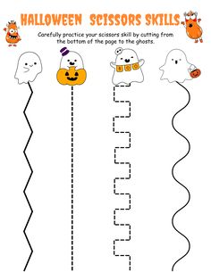 halloween scissors skills worksheet for kids to practice their handwriting and number recognitions