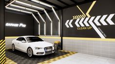 a white car parked in front of a black and yellow checkerboard garage wall