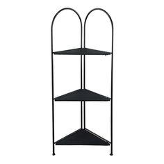 three tiered metal shelf with two circular shelves on each side and one curved shelf at the top