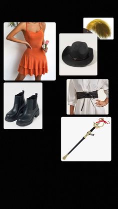 the collage shows different types of hats and accessories, including an umbrella, hat with feather, dress shirt, skirt, booties