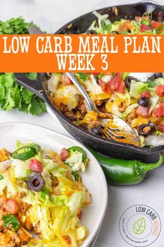 low carb meal plan week 3 with green peppers, lettuce and black olives