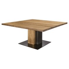 a square wooden table with black metal legs and an oak wood top, viewed from the front