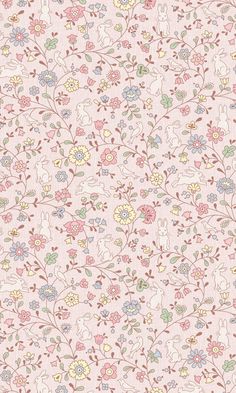 a pink wallpaper with small flowers and rabbits on the side, in pastel colors