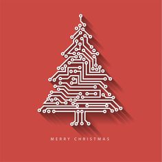 a christmas tree made out of circuit board on a red background with long shadow from the bottom