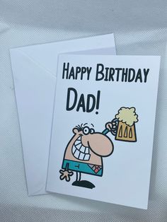 a birthday card with a cartoon character holding a beer mug and the words happy birthday dad