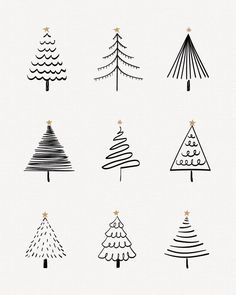 six different types of christmas trees in black and white