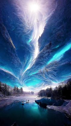 the sky is filled with blue and white swirls as people stand on rocks near water