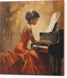 a painting of a woman in an orange dress sitting at a piano playing the piano