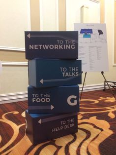 four boxes stacked on top of each other with the words to the talking, to the food and to the help desk