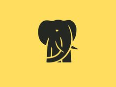 an elephant that is standing up with its trunk in it's mouth, on a yellow background