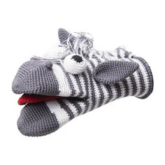 two pairs of knitted slippers on top of each other, one in grey and the other in white