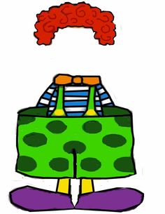 a drawing of a clown with red hair and green pants