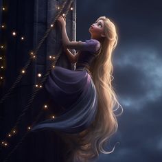 a woman with long blonde hair is climbing on a rope and looking up at the sky